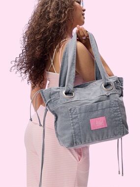 PINK BNWT Large WASHED  DENIM Canvas Flat-Bottom Tote Bag & Card Case Keychain